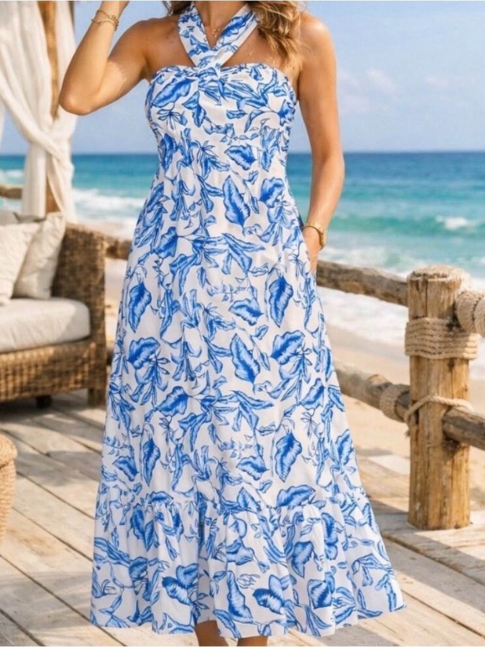 ✨Grace Karin Blue & White Floral Halter Dress✨